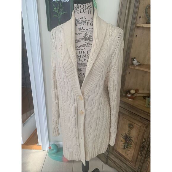 Lands End Ivory Thick Wool Fisherman Cardigan Sweater Shawl Collar - Picture 7 of 8